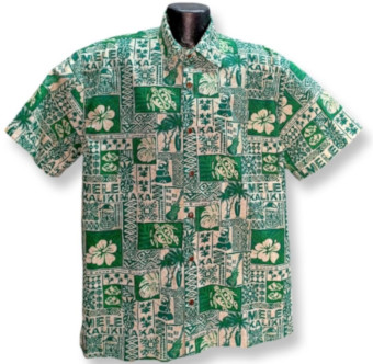 Green tapa Christmas Aloha shirt-Made in USA- 100% Cotton